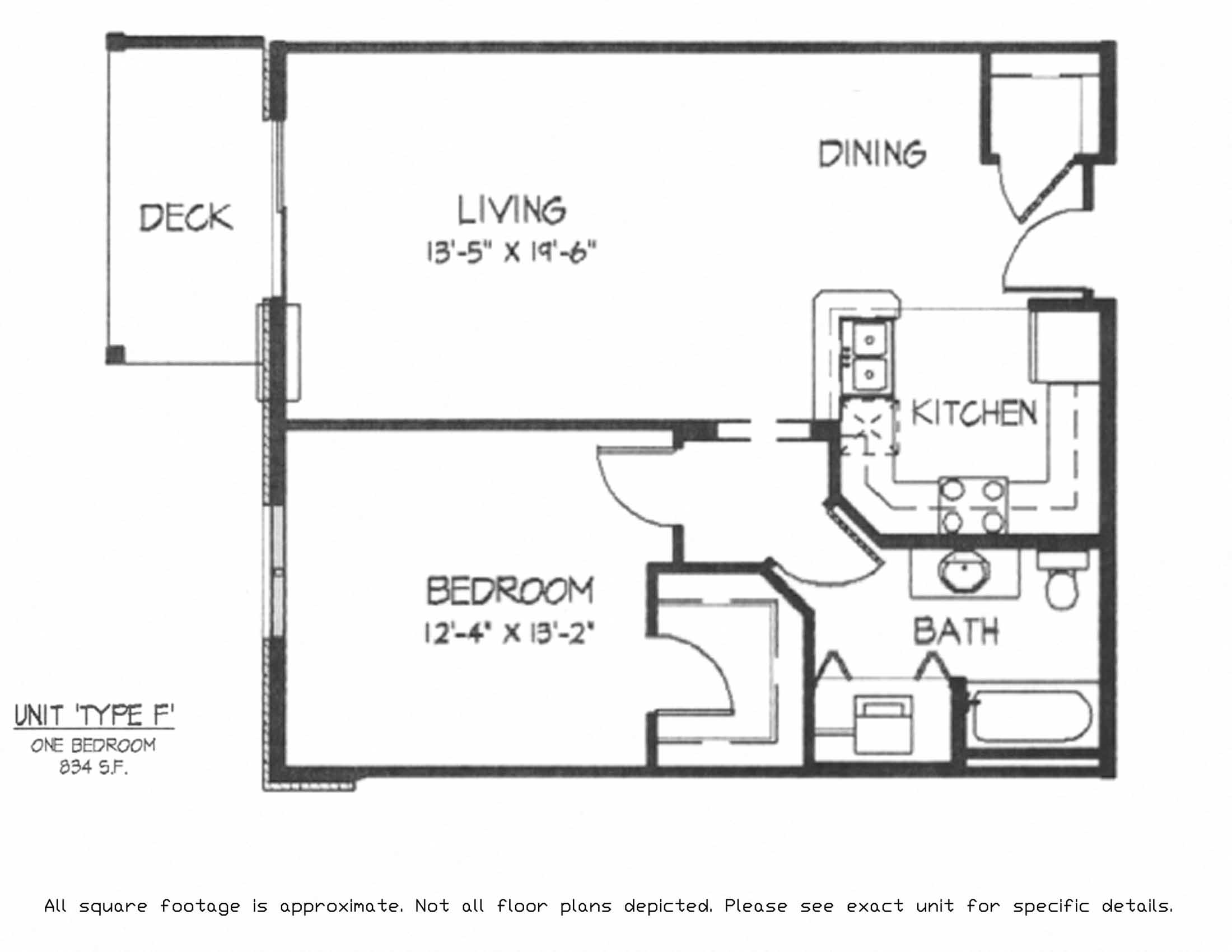 Floor plan for 1 bed, 1 bath, 834 sqft